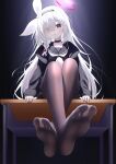  black_choker black_eyes black_pantyhose black_sailor_collar blue_archive choker desk feet foot_focus hair_over_one_eye halo highres long_hair no_shoes pantyhose pink_halo plana_(blue_archive) sailor_collar school_desk sitting white_hair yottacc 