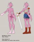 absurd_res anthro artemis_(bluebirdoasis) bluebirdoasis butt canid canine canis female fur hi_res mammal melee_weapon model_sheet nude pink_body pink_fur solo sword weapon wolf