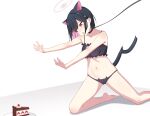  1girl absurdres animal_collar animal_ears barefoot black_bra black_hair black_panties blue_archive blush bra breasts cake cake_slice cat_cutout cat_ears cat_lingerie clothing_cutout collar collarbone colored_inner_hair drooling food halo highres kazusa_(blue_archive) medium_breasts meme_attire multicolored_hair n3moni navel open_mouth panties pink_hair pink_halo red_eyes short_hair simple_background soles solo underwear white_background 
