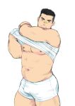 1boy bandaid bandaid_on_face bandaid_on_nose bara belly black_hair bulge cowboy_shot goshingo1 large_pectorals lifted_by_self looking_at_viewer male_focus muscular muscular_male navel nipples original pectorals plump short_hair short_shorts shorts sideburns solo stomach tareme thick_eyebrows thick_thighs thighs underpec white_shorts 