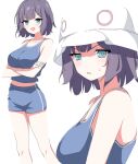  1girl arms_under_breasts bare_shoulders blue_archive blue_eyes blue_shorts blue_tank_top breasts bucket_hat collarbone commentary_request crossed_arms hat highres kusana_(kusana47454281) large_breasts looking_at_viewer midriff multiple_views navel open_mouth purple_hair saki_(blue_archive) short_hair shorts simple_background sweatdrop tank_top white_background white_headwear 