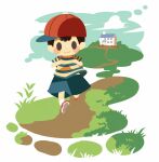  1boy baseball_cap blue_footwear blue_sky blush_stickers closed_mouth full_body grass hat hitofutarai house looking_ahead male_focus mother_(game) mother_2 ness_(mother_2) path red_footwear red_headwear short_hair sideways_hat sky smile solid_oval_eyes walking 