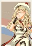  1girl absurdres blonde_hair blue_eyes cowboy_shot dress gloves hair_between_eyes highres kantai_collection long_hair looking_at_viewer mole mole_under_eye mole_under_mouth multicolored_clothes multicolored_dress multicolored_gloves multicolored_scarf pot-de richelieu_(kancolle) scarf solo strapless strapless_dress striped_clothes striped_thighhighs thighhighs two-tone_gloves two-tone_legwear white_dress 