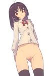  1girl ahoge black_hair black_thighhighs bottomless brown_eyes censored collared_shirt commentary_request everyntrge long_sleeves looking_at_viewer medium_hair mosaic_censoring navel neck_ribbon original pussy red_ribbon ribbon shirt simple_background solo thighhighs white_background white_shirt 