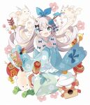  1girl :3 :d ;d arrow_(projectile) bell black_bow blue_bow blue_eyes blue_fire blue_flower blue_hairband blue_kimono blue_ribbon bow breathing_fire chinese_zodiac closed_mouth commentary_request daruma_doll dragon_horns fire floating_hair flower full_body fur_collar grey_hair hagoita hair_between_eyes hair_bow hair_flower hair_ornament hair_ribbon hairband hamaya highres horns interlocked_fingers japanese_clothes jingle_bell kagami_mochi kimono long_hair long_sleeves looking_at_viewer one_eye_closed original own_hands_clasped own_hands_together paddle pink_flower ribbon shide simple_background sleeves_past_wrists smile solo spinning_top tantan_men_(dragon) very_long_hair white_background wide_sleeves year_of_the_dragon 