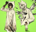  1girl arm_up brown_eyes brown_hair e.g.o_(project_moon) g7cdpdto2i6hot6 green_background highres holding holding_umbrella hood hood_up hooded_coat limbus_company looking_at_viewer multiple_views outis_(project_moon) project_moon raincoat short_hair simple_background umbrella white_raincoat 