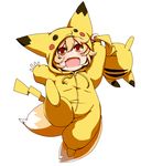  :d blonde_hair blush cosplay dearmybrothers fox_tail gen_1_pokemon highres holding multiple_tails open_mouth outstretched_arm pikachu pikachu_(cosplay) pokemon pokemon_(creature) red_eyes short_hair smile solo stuffed_animal stuffed_toy tail touhou yakumo_ran younger 