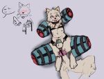anthro balls bdsm blep blush bound canid canine chastity_cage chastity_device collar dildo genitals hi_res lying male mammal on_back penis penis_tip sex_toy shellsist simple_background solo tongue tongue_out