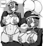  1girl abs absurdres ass blush bob_cut breasts chinese_clothes closed_mouth commentary cowboy_shot earrings empty_eyes english_text greyscale halftone hands_up hat highres horns huge_breasts jewelry jiangshi long_sleeves looking_at_viewer monochrome multiple_views navel ofuda ofuda_on_nipples original pasties pointy_ears qingdai_guanmao revealing_clothes short_hair shrug_(clothing) skin-covered_horns sleeves_past_fingers sleeves_past_wrists tassel tassel_earrings thighhighs thong tsurime upper_body wide_hips yones81239278 