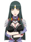  armor breasts cleavage cleavage_cutout crossed_arms facial_mark forehead_mark gloves green_hair large_breasts lipstick long_hair makeup ouka_nagisa ribonzu shoulder_pads solo super_robot_wars super_robot_wars_original_generation yellow_eyes 