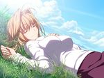  arcueid_brunestud blonde_hair blue_sky blush breasts closed_eyes cloud day dutch_angle game_cg grass hair_intakes large_breasts melty_blood outdoors purple_skirt short_hair skirt sky sleeping smile solo sweater takeuchi_takashi tsukihime turtleneck 