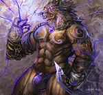  anthro armor beast biceps body_markings bulge canine cheetahpaws claws clothed clothing fangs fantasy fur gem gloves glowing glowing_eyes hair half-dressed jaws lighting lightning loincloth magic male mammal markings muscles necklace pecs pendant pose solo topless tribal underwear warrior weapon were werewolf wolf 