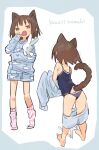  1girl animal_ears ass barefoot brown_eyes brown_hair cat_ears cat_tail clothes_pull commentary fang from_behind full_body half-closed_eyes hand_up highres holding holding_stuffed_toy leaning_forward long_sleeves looking_at_viewer multiple_views nurui_(3nqyo) open_mouth original pajamas pants pants_pull romaji_text short_hair shorts simple_background sleeves_past_wrists socks stuffed_toy symbol-only_commentary tail undressing white_background yawning 
