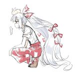  ... 1girl animal_on_head bow closed_mouth fujiwara_no_mokou grey_hair hair_bow long_hair ofuda ofuda_on_clothes on_head pants rabbit re_ghotion red_bow red_eyes red_pants shirt short_sleeves speech_bubble sweatdrop touhou very_long_hair white_shirt 