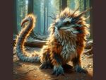 ai_generated all_fours dragon feral forest forest_background friendly fur furred_dragon hi_res long_tail male nature nature_background orange_body orange_fur plant sitting smile smirk solo tail tree