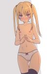  1girl :&lt; ass_visible_through_thighs black_thighhighs blonde_hair blush bow bow_panties breasts bright_pupils commentary_request cowboy_shot embarrassed everyntrge long_hair looking_at_viewer navel nipples original panties purple_eyes shade sidelocks small_breasts solo sweat thigh_gap thighhighs topless twintails underwear white_panties white_pupils x_fingers 