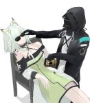  1girl 1other animal_ear_fluff animal_ears arknights black_gloves black_jacket chair closed_mouth doctor_(arknights) dress gloves green_dress grey_hair highres holding hood hood_up hooded_jacket jacket kal&#039;tsit_(arknights) long_sleeves mebe_(teadia_violet) meme on_chair open_clothes open_jacket puffy_long_sleeves puffy_sleeves see-through shirt simple_background sunglasses white_background white_shirt 