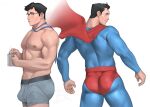  1boy abs ass back bara barra.kun.7 black_hair blue_bodysuit blue_eyes bodysuit bulge cape clark_kent closed_mouth cup dc_comics grey_male_underwear highres holding holding_cup large_pectorals male_focus male_underwear muscular muscular_male my_adventures_with_superman necktie nipples pectorals red_cape short_hair simple_background superman superman_(series) underwear white_background 