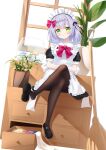  :o apron black_footwear black_pantyhose black_thighhighs fishbowl frilled_apron frills full_body genshin_impact green_eyes highres maid maid_apron maid_headdress noelle_(genshin_impact) pantyhose sitting soles thighhighs white_apron white_hair yottacc 