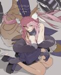  1girl absurdres animal_ears bare_shoulders blue_kimono fate/extella fate/extra fate_(series) fox_ears fox_girl fox_tail gloves hair_between_eyes hat highres japanese_clothes kimono long_hair pink_hair sandals sarashi solo tail tamamo_(fate) tamamo_no_mae_(fate/extra) yellow_eyes zhibuji_loom 
