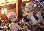 2girls absurdres alcohol animal_ears architecture back bare_arms bare_shoulders blonde_hair blue_archive blue_halo blunt_bangs breasts bucket closed_mouth collarbone cup double-parted_bangs east_asian_architecture food from_behind fruit hair_between_eyes hair_bun halo hand_on_own_chest highres holding holding_cup lantern large_breasts looking_at_viewer low_ponytail mandarin_orange multiple_girls naked_towel nodoka_(blue_archive) nodoka_(hot_spring)_(blue_archive) onsen open_mouth pink_halo purple_eyes red_eyes sake shan_(ti0n) shigure_(blue_archive) shigure_(hot_spring)_(blue_archive) shouji single_hair_bun sliding_doors tail tokkuri towel towel_on_head weasel_ears weasel_girl weasel_tail wooden_bucket wooden_floor 