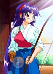  1990s_(style) 1girl blue_hair blue_skirt bow breasts brown_gloves gals_panic_s2 gloves hairband hakama japanese_clothes kaneko_seisakusho komirin long_hair long_skirt lowres medium_breasts non-web_source official_art red_eyes red_hairband retro_artstyle shiraishi_yumiko skirt solo sunlight very_long_hair vs_mahjong_otome_ryouran 