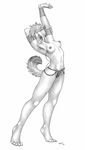  breasts clothed clothing eyes_closed female hand_behind_head mammal monochrome mustelid open_mouth panties pose sabretoothed_ermine skimpy solo standing stretching topless underwear weasel yawn 