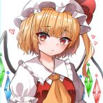  1girl ascot blonde_hair blush bow breasts collared_shirt commentary crystal flandre_scarlet frilled_shirt_collar frills gem hat hat_ribbon heart highres kiui_(dagk8254) looking_at_viewer medium_hair mob_cap multicolored_wings one_side_up puffy_short_sleeves puffy_sleeves red_bow red_eyes red_ribbon red_vest ribbon shirt short_sleeves simple_background small_breasts smile solo touhou upper_body vest white_headwear white_shirt wings yellow_ascot 