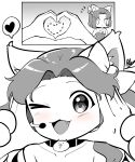  1boy 1girl absurdres animal_ears animal_hands blush bow bowtie cat_(nyanko_daisensou) cat_ears cat_paws fang grey_eyes hands_on_another&#039;s_face heart heart_hands highres jewelry looking_at_viewer microphone moneko_(nyanko_daisensou) monochrome necklace notice_lines nyanko_daisensou one_eye_closed signature smile surprised user_ktrx7538 