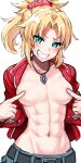  1girl abs absurdres belt belt_buckle blonde_hair breasts buckle covering_nipples fate/apocrypha fate_(series) grin harurukan highres jacket jewelry looking_at_viewer mordred_(fate) mordred_(fate/apocrypha) navel necklace open_clothes open_jacket ponytail sketch small_breasts smile solo teeth 
