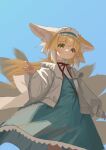  1girl absurdres animal_ears arknights blonde_hair blue_background blue_skirt cardigan closed_mouth colored_tips commentary delfino fox_ears fox_girl fox_shadow_puppet fox_tail green_eyes high-waist_skirt highres kitsune kyuubi long_hair long_sleeves looking_at_viewer multicolored_hair multiple_tails neck_ribbon official_alternate_costume red_ribbon ribbon skirt solo suzuran_(arknights) suzuran_(spring_praise)_(arknights) tail two-tone_hair white_cardigan white_hair 