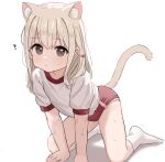  1girl ? all_fours animal_ears blonde_hair brown_eyes buruma cat_ears cat_girl closed_mouth commentary_request flat_chest frown gachigachi gym_shirt gym_uniform highres long_hair looking_at_viewer no_shoes original paid_reward_available panties panties_under_buruma panty_peek parfait_(gachigachi) puffy_short_sleeves puffy_sleeves red_buruma shadow shirt short_sleeves simple_background socks solo underwear white_background white_shirt white_socks 