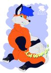 absurd_res anthro balls belly big_belly blue_hair butt canid canine digital_drawing_(artwork) digital_media_(artwork) fox genitals green_eyes hair hi_res loah_wunny male mammal slorsh solo sound_effects struggling unseen_character vore