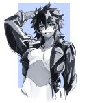  1girl bad_link blue_background boku_no_hero_academia burn_scar cheek_piercing clenched_teeth collarbone dabi_(boku_no_hero_academia) genderswap genderswap_(mtf) greyscale_with_colored_background highres jacket leather leather_jacket long_hair looking_to_the_side messy_hair multiple_scars navel no_nipples scar scar_on_neck simple_background solo spiked_hair staple stapled stitches teeth 