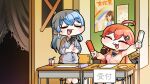  2girls 35p_(sakura_miko) ahoge blue_bow blue_bowtie blue_hair bow bowtie brown_hair cardigan chair closed_eyes commentary_request curtains desk grey_cardigan hair_ornament hairclip highres holding holding_microphone hololive hoshimachi_suisei juice_box komainu_channel low_twintails microphone multiple_girls one_side_up open_mouth paper pink_hair pink_sweater poster_(object) sakura_miko school_chair school_desk school_uniform sitting smile sweater tokino_sora torn_curtains translation_request twintails virtual_youtuber 