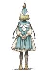  1girl aqua_headwear blonde_hair cloak coco_(tongari_boushi_no_atelier) facing_away from_behind full_body hat highres own_hands_together pointy_hat shirahama_kamome simple_background skirt solo standing tongari_boushi_no_atelier with_handala_pose wizard_hat 
