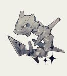  animal_focus commentary full_body grey_background highres no_humans ovoip pokemon pokemon_(creature) red_eyes simple_background solo sparkle spikes steel steelix teeth twitter_username 