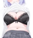  1girl alternate_costume black_bra blue_hair bob_cut bra breasts cleavage clothes_lift deyui elira_pendora grey_skirt head_out_of_frame lace-trimmed_bra lace_trim large_breasts long_sleeves mouth_hold navel nijisanji nijisanji_en pleated_skirt ribbed_sweater shiny_skin short_hair simple_background skirt solo sweater sweater_lift underwear upper_body white_background white_sweater 