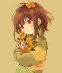 1other blush brown_hair chara_(undertale) closed_mouth flower green_sweater hair_flower hair_ornament hands_up highres leaf long_sleeves looking_at_viewer orange_flower puffy_long_sleeves puffy_sleeves red_eyes short_hair simple_background single_stripe solo standing striped_clothes striped_sweater sweater turtleneck turtleneck_sweater undertale vvakipon yellow_background 