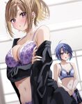  2girls :o ahoge arm_under_breasts bare_shoulders black_shirt blue_bra blue_eyes blue_hair blue_panties blue_skirt blurry blurry_background blush bra breasts brown_hair chigusa_minori cleavage collarbone commentary_request dressing hair_ornament hairclip highres himeno_akira indoors jitsuha_imouto_deshita. lace-trimmed_bra lace_trim large_breasts long_sleeves looking_at_viewer multiple_girls navel official_art open_mouth panties pink_panties pleated_skirt purple_bra purple_eyes second-party_source shirt short_hair sidelocks single_off_shoulder skirt small_breasts stomach sweatdrop ueda_hinata underwear 
