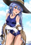  1girl alternate_breast_size ass_visible_through_thighs black_ribbon blue_eyes blue_hair blue_one-piece_swimsuit blue_sky blush braid breasts brown_cloak cloak cloud covered_nipples elbow_gloves eyebrows_hidden_by_hair feet_out_of_frame fuyumi_kazuki gloves hair_between_eyes hair_ribbon hat head_tilt highres long_bangs long_hair medium_breasts mushoku_tensei ocean one-piece_swimsuit open_mouth ribbon roxy_migurdia sky solo swimsuit teeth twin_braids upper_teeth_only very_long_hair wet wet_clothes white_gloves witch_hat wringing_clothes 