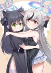  2girls absurdres animal_ear_fluff animal_ears bellfud black_dress black_hair blue_archive blue_halo breasts brown_eyes china_dress chinese_clothes dress face-to-face from_side green_eyes grey_hair halo highres hug kokona_(blue_archive) long_hair looking_at_viewer miniskirt multicolored_hair multiple_girls short_sleeves shun_(blue_archive) skirt sleeveless sleeveless_dress small_breasts smile streaked_hair striped_clothes striped_dress thighhighs thighs tiger_ears tiger_girl vertical-striped_clothes vertical-striped_dress very_long_hair white_skirt white_thighhighs 