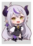  1girl :d ahoge ankle_cuffs black_dress black_footwear black_horns blush braid braided_bangs chibi clothing_cutout commentary cross-laced_slit demon_girl demon_horns double-parted_bangs dress fangs full_body grey_background grey_hair hand_on_own_hip hololive horns la+_darknesss la+_darknesss_(1st_costume) long_hair long_sleeves looking_at_viewer multicolored_hair nanaka_nagomi neckerchief open_mouth pantyhose pointy_ears puffy_long_sleeves puffy_sleeves purple_hair purple_pantyhose shirt short_dress shoulder_cutout side_slit simple_background single_leg_pantyhose slit_pupils smile solo streaked_hair striped_horns tail thick_outlines very_long_hair virtual_youtuber white_shirt yellow_eyes yellow_neckerchief 