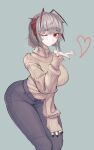  1girl absurdres antenna_hair arknights blowing_kiss breasts demon_horns grey_hair highres horns large_breasts looking_at_viewer nail_polish red_eyes short_hair simple_background smile solo sweater turtleneck turtleneck_sweater user_fhau3743 w_(arknights) 
