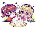  2girls :d birthday_cake blonde_hair blush bow brown_hair cake chibi cream decorating denonbu food fruit green_eyes hair_between_eyes hair_ornament hidaka_reina_(denonbu) highres icing jacket kayano_futaba long_hair long_sleeves low_twintails multiple_girls musical_note open_clothes open_jacket open_mouth orange_jacket pastry_bag pink_eyes red_bow school_uniform scrunchie shirt short_hair side_ponytail simple_background smile strawberry twintails wanowanoji67 white_background white_shirt wrist_scrunchie 