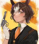  animal_ears black_suit brown_eyes brown_hair closed_mouth collared_shirt commission gloves gun handgun highres holding holding_gun holding_weapon horse_ears horse_girl indie_virtual_youtuber long_sleeves looking_at_viewer medium_hair multiple_hairpins necktie one_eye_closed orange_necktie pecco_(pecchn478) revolver shirt skeb_commission smile suit tomoe_umari upper_body virtual_youtuber weapon white_gloves white_shirt 