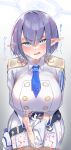 1boy 1girl absurdres aoi_(blue_archive) belt blue_archive blue_belt blue_eyes blue_hair blue_necktie blush breasts collared_jacket ear_blush earclip epaulettes gloved_handjob glovejob gloves hair_between_eyes handjob highres holster jacket large_breasts looking_at_viewer motion_lines necktie open_mouth pleated_skirt pointy_ears short_hair short_necktie skirt spacetazune sweat translation_request upper_body v-shaped_eyebrows white_gloves white_jacket white_skirt 