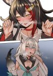  2girls after_kiss ahoge animal_ear_fluff animal_ears black_hair blue_neckerchief blush braid breasts commentary_request detached_sleeves face-to-face flipped_hair fox_ears fox_girl fox_tail green_eyes hair_between_eyes hair_ornament hairclip highres hololive hood hoodie inamimi_(sheep1733) large_breasts long_hair looking_at_another looking_at_viewer multicolored_hair multiple_girls neckerchief ookami_mio ookami_mio_(1st_costume) open_mouth pentagram red_hair saliva saliva_trail shirakami_fubuki shirakami_fubuki_(1st_costume) single_braid streaked_hair sweat tail tongue tongue_out virtual_youtuber white_hair white_hoodie wolf_ears wolf_girl yellow_eyes yuri 