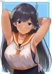  1girl arms_behind_head black_hair black_one-piece_swimsuit blue_background blue_one-piece_swimsuit blush border breasts headgear highres i-400_(kancolle) kantai_collection large_breasts long_hair looking_at_viewer one-piece_swimsuit orange_sailor_collar sailor_collar sailor_shirt school_swimsuit shiromaru_(maniado) shirt side-tie_shirt sleeveless sleeveless_shirt smile solo swimsuit swimsuit_under_clothes tan white_border 