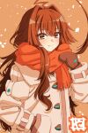  1girl ahoge artist_logo brown_eyes brown_hair brown_mittens closed_mouth coat commentary_request fang highres huge_ahoge jacket kantai_collection kuma_(kancolle) long_hair mittens orange_scarf scarf smile solo upper_body white_jacket winter_clothes winter_coat yamayoshi 